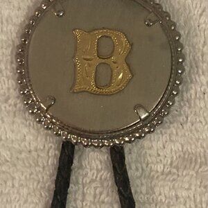 Vintage Metal Bolo Tie, Nice Silver and Brass Initial B, Letter B, Nice Western